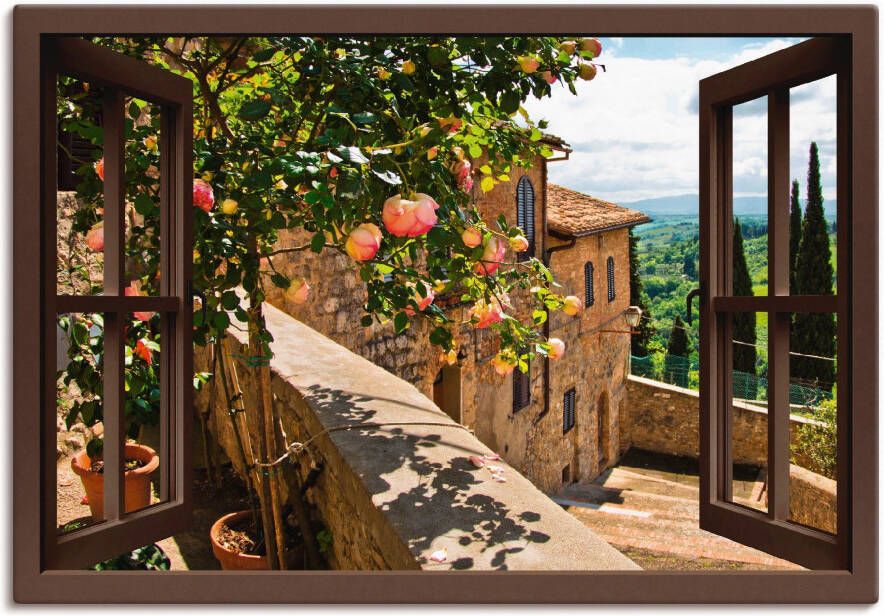 Artland Artprint Blik uit het venster rozen op balkon Toscane als artprint van aluminium artprint voor buiten artprint op linnen poster muursticker