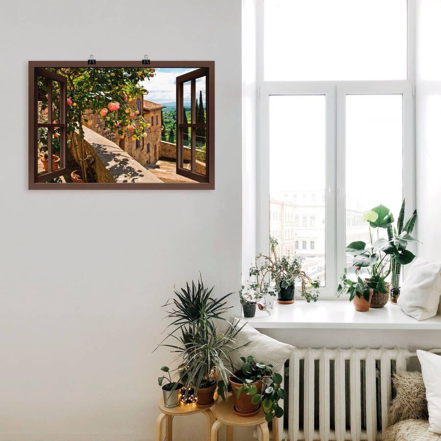 Artland Artprint Blik uit het venster rozen op balkon Toscane als artprint van aluminium artprint voor buiten artprint op linnen poster muursticker