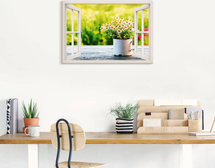 Artland Artprint Blik uit het venster tuin met madeliefje als artprint van aluminium artprint op linnen muursticker verschillende maten