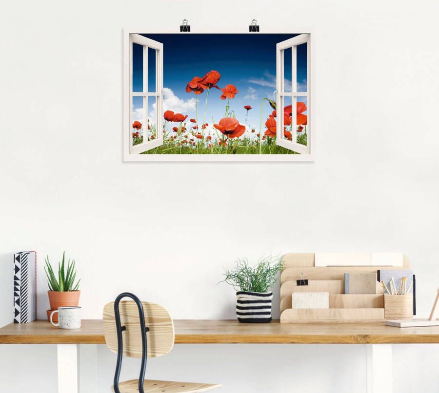 Artland Artprint Blik uit het venster veld met klaprozen als artprint op linnen poster muursticker in verschillende maten