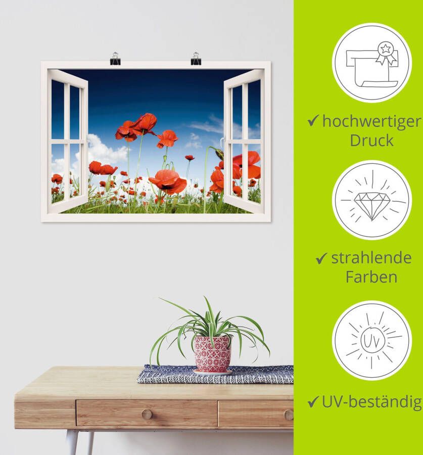 Artland Artprint Blik uit het venster veld met klaprozen als artprint op linnen poster muursticker in verschillende maten