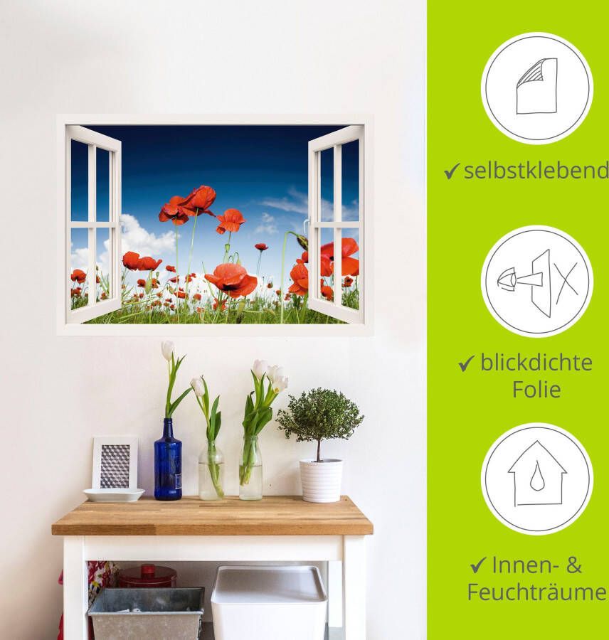 Artland Artprint Blik uit het venster veld met klaprozen als artprint op linnen poster muursticker in verschillende maten