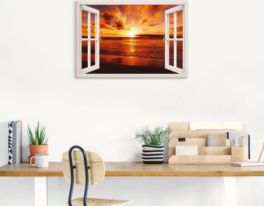 Artland Artprint Blik uit het venster zonsondergang aan het strand als artprint op linnen poster in verschillende formaten maten