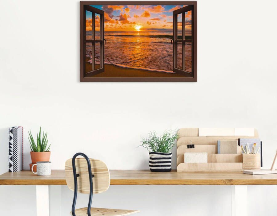 Artland Artprint Blik uit het venster zonsondergang aan het strand als artprint op linnen poster muursticker in verschillende maten