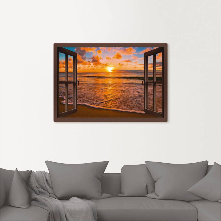 Artland Artprint Blik uit het venster zonsondergang aan het strand als artprint op linnen poster muursticker in verschillende maten