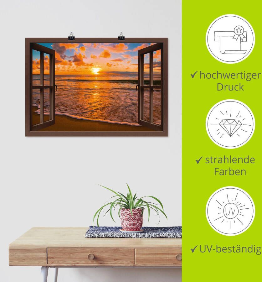 Artland Artprint Blik uit het venster zonsondergang aan het strand als artprint op linnen poster muursticker in verschillende maten