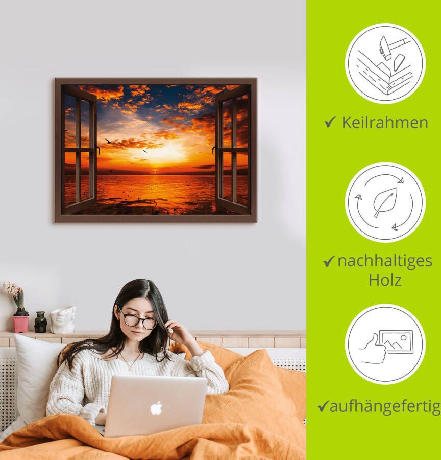 Artland Artprint Blik uit het venster zonsondergang aan het strand als artprint op linnen poster muursticker in verschillende maten