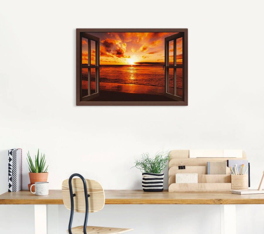 Artland Artprint Blik uit het venster zonsondergang aan het strand als artprint op linnen poster muursticker in verschillende maten