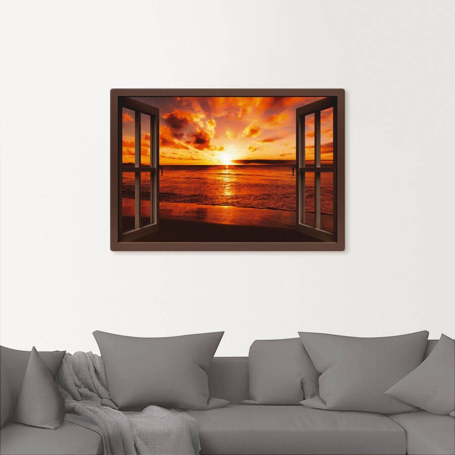 Artland Artprint Blik uit het venster zonsondergang aan het strand als artprint op linnen poster muursticker in verschillende maten