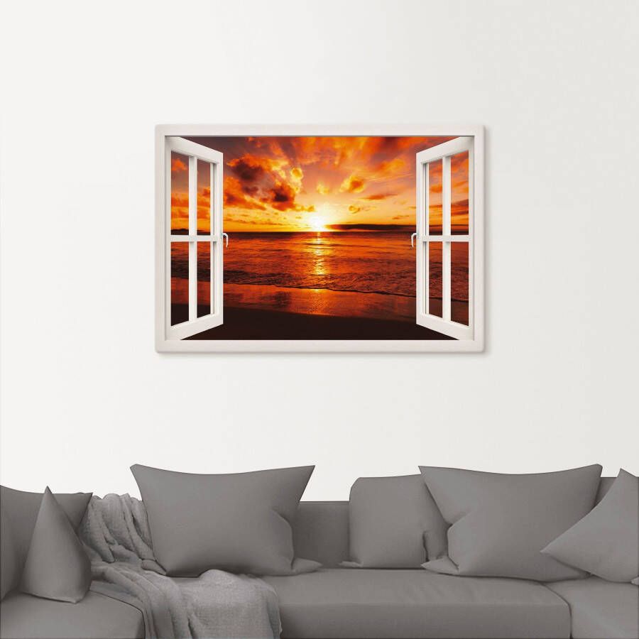 Artland Artprint Blik uit het venster zonsondergang aan het strand als artprint op linnen poster muursticker in verschillende maten