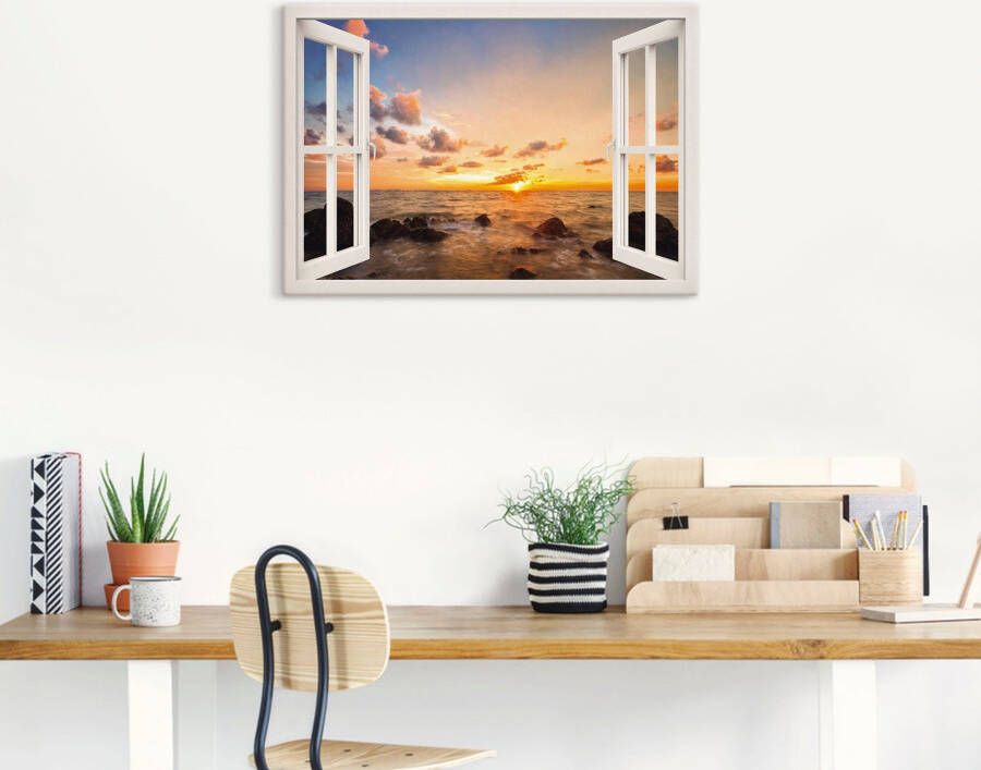 Artland Artprint Blik uit het venster zonsondergang aan zee als artprint van aluminium artprint op linnen muursticker verschillende maten