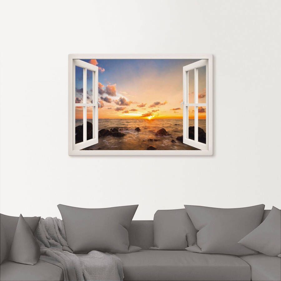 Artland Artprint Blik uit het venster zonsondergang aan zee als artprint van aluminium artprint op linnen muursticker verschillende maten