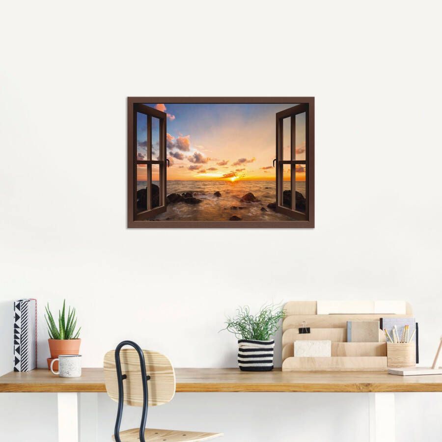 Artland Artprint Blik uit het venster zonsondergang aan zee als artprint van aluminium artprint voor buiten artprint op linnen poster muursticker