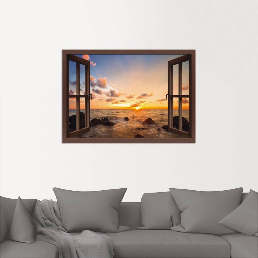 Artland Artprint Blik uit het venster zonsondergang aan zee als artprint van aluminium artprint voor buiten artprint op linnen poster muursticker