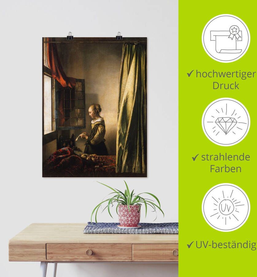 Artland Artprint Brieflezer bij het open raam. Ca. 1658 als artprint op linnen poster muursticker in verschillende maten