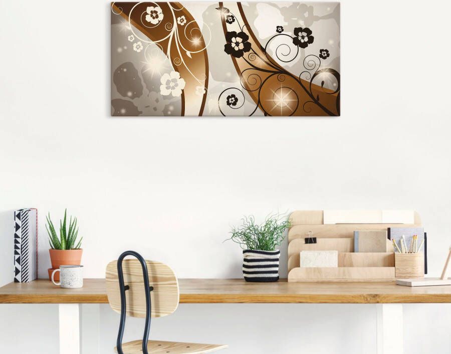 Artland Artprint Bruine wervelingen met bloemen als artprint op linnen poster in verschillende formaten maten