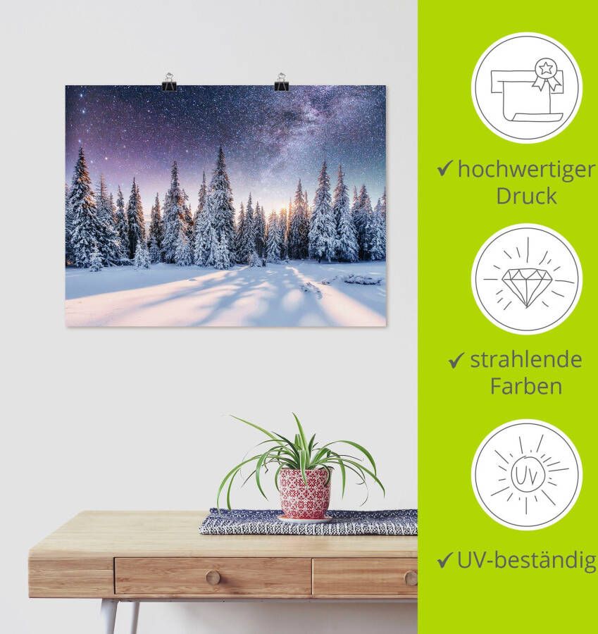 Artland Artprint Dennenbos in de sneeuw onder de sterrenhemel als artprint van aluminium artprint voor buiten artprint op linnen poster in verschillende maten. maten