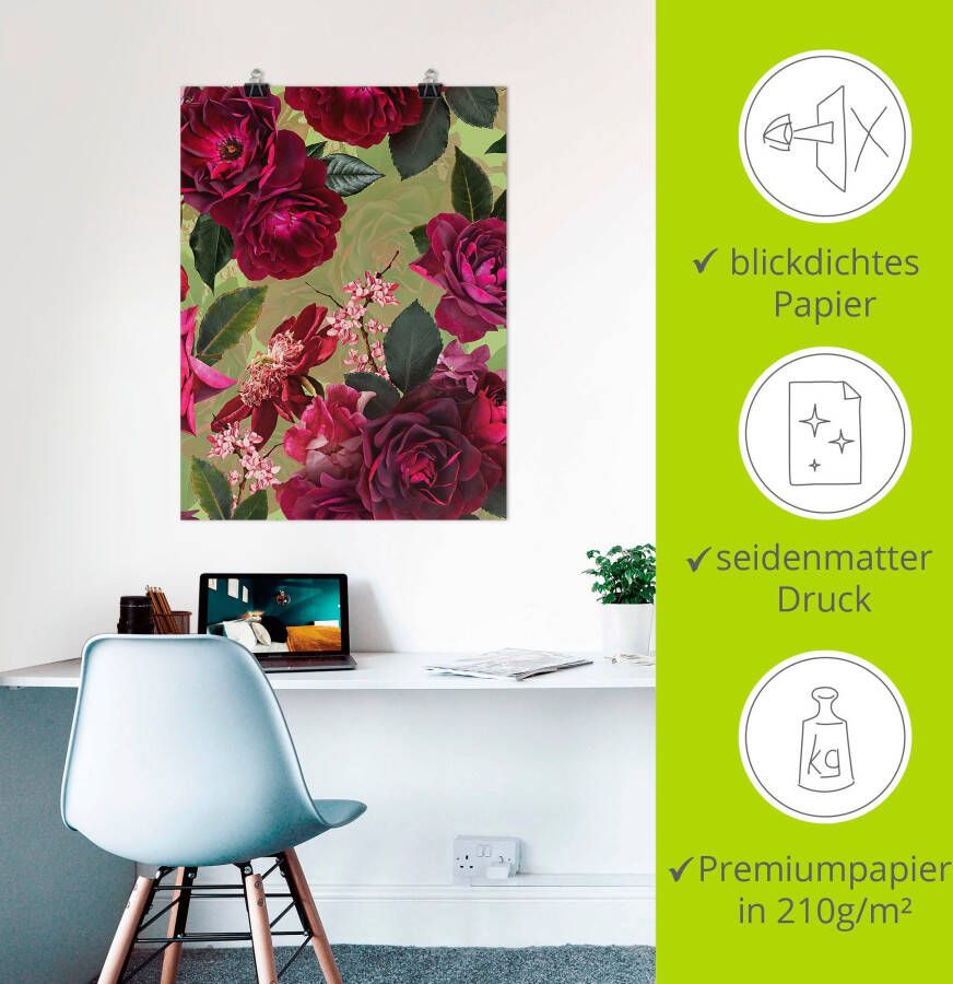 Artland Artprint Donkere rozen op groen als artprint van aluminium artprint voor buiten artprint op linnen poster muursticker