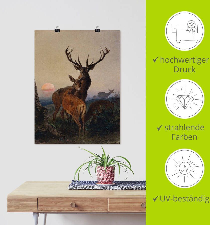 Artland Artprint Edelhert en een ree bij zonsondergang als artprint op linnen poster muursticker in verschillende maten