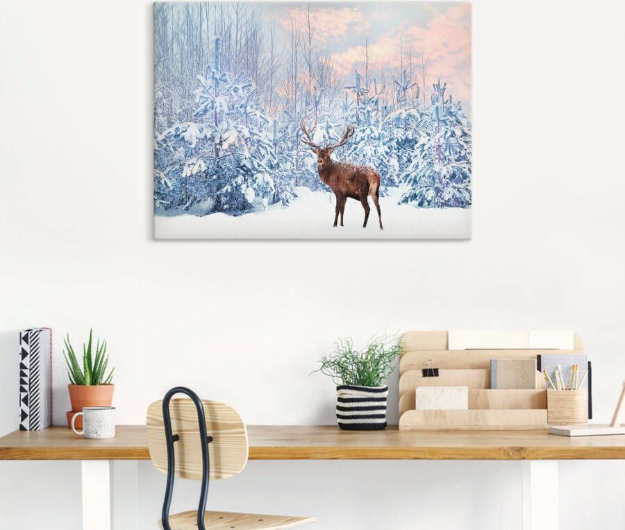 Artland Artprint Edelhert in het winterbos als artprint op linnen poster in verschillende formaten maten