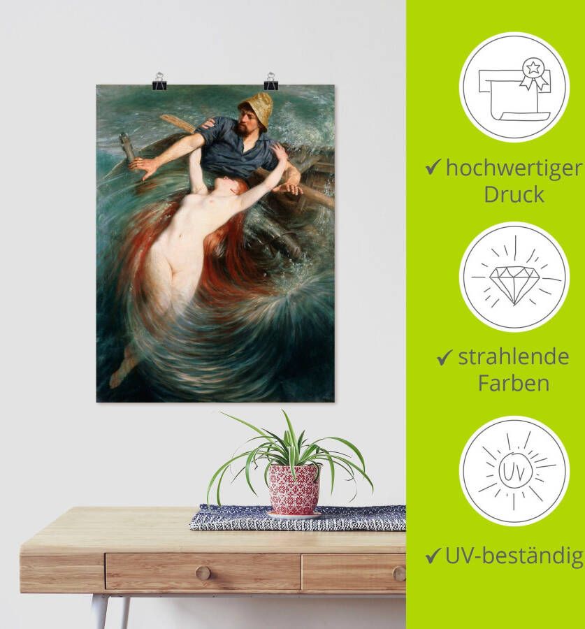 Artland Artprint Een visser in de greep van een sirene. als artprint op linnen poster in verschillende formaten maten