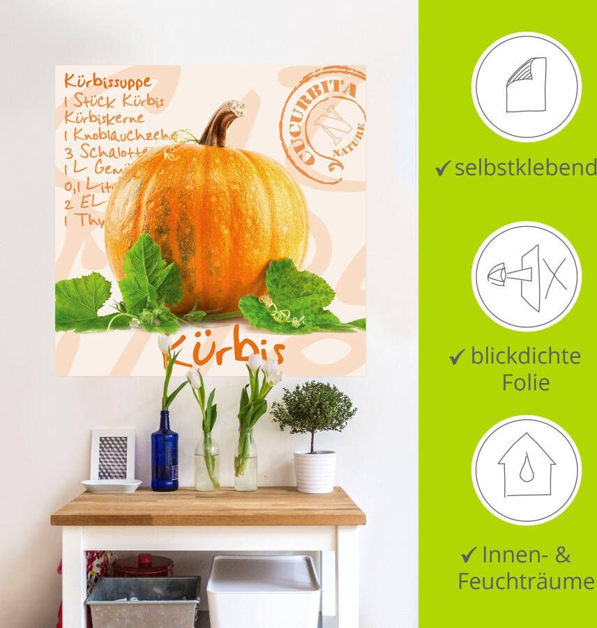 Artland Artprint Gele pompoen met groene bladeren als poster muursticker in verschillende maten