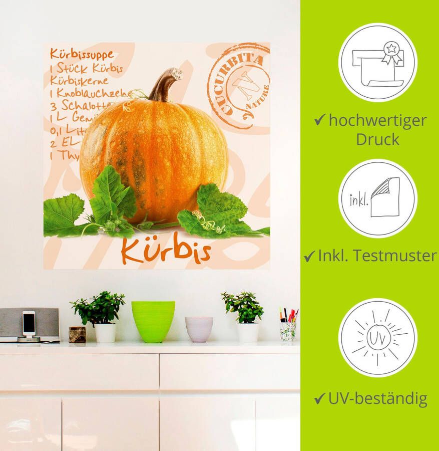 Artland Artprint Gele pompoen met groene bladeren als poster muursticker in verschillende maten