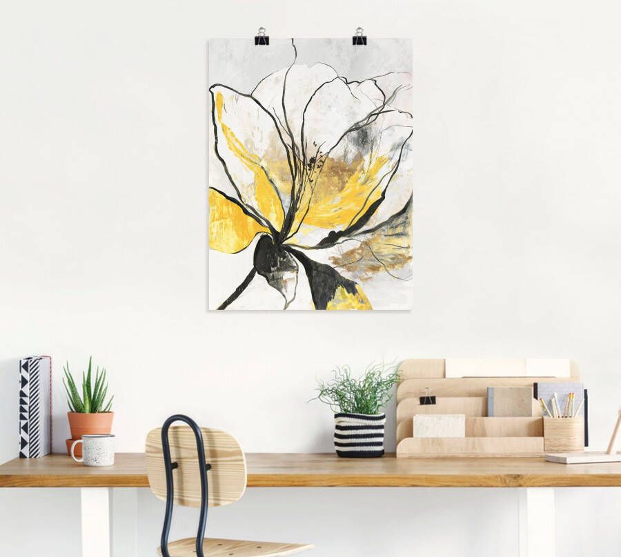 Artland Artprint Geschetst bloemdessin I gele versie als artprint van aluminium artprint voor buiten artprint op linnen poster muursticker