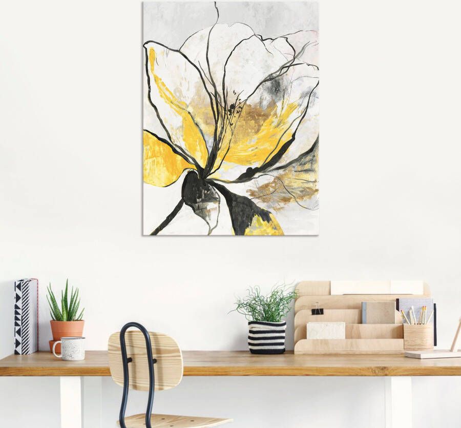 Artland Artprint Geschetst bloemdessin I gele versie als artprint van aluminium artprint voor buiten artprint op linnen poster muursticker