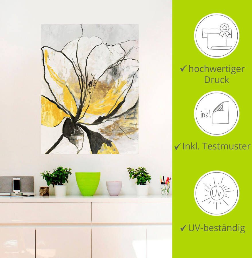 Artland Artprint Geschetst bloemdessin I gele versie als artprint van aluminium artprint voor buiten artprint op linnen poster muursticker