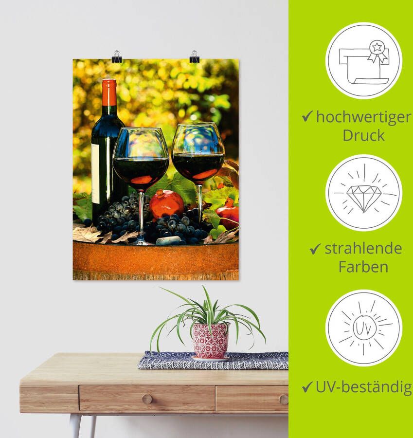 Artland Artprint Glazen met rode wijn op oud vat als poster muursticker in verschillende maten