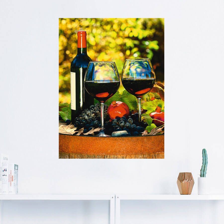 Artland Artprint Glazen met rode wijn op oud vat als poster muursticker in verschillende maten
