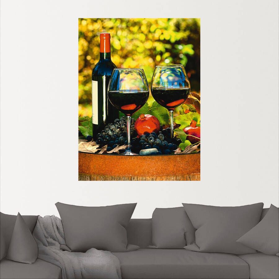Artland Artprint Glazen met rode wijn op oud vat als poster muursticker in verschillende maten