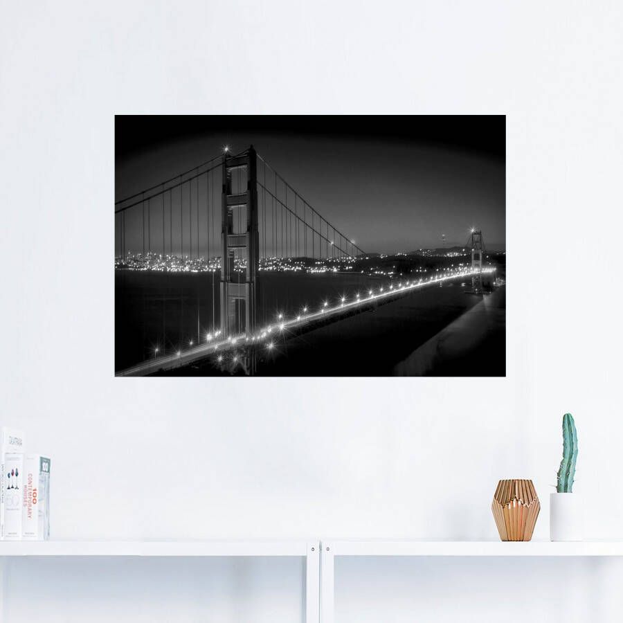 Artland Artprint Goudgeel bord met karaf Golden Gate Bridge s avonds als artprint van aluminium artprint voor buiten muursticker in diverse maten