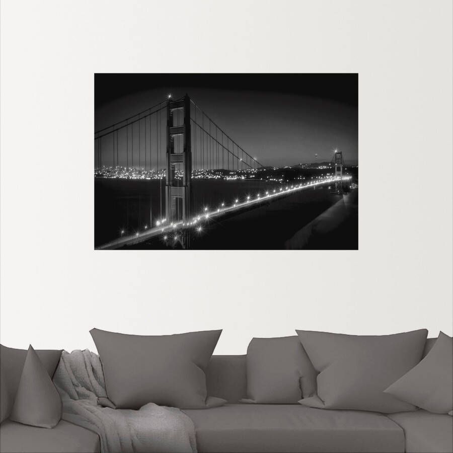 Artland Artprint Goudgeel bord met karaf Golden Gate Bridge s avonds als artprint van aluminium artprint voor buiten muursticker in diverse maten