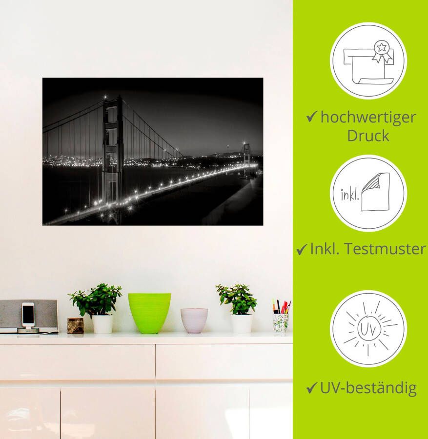 Artland Artprint Goudgeel bord met karaf Golden Gate Bridge s avonds als artprint van aluminium artprint voor buiten muursticker in diverse maten