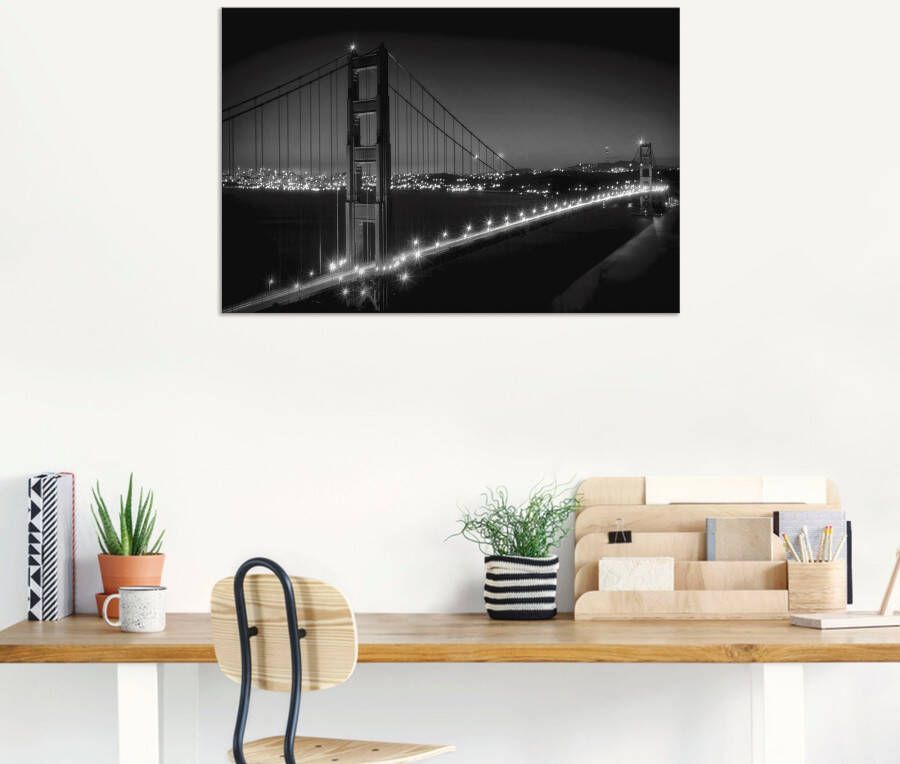 Artland Artprint Goudgeel bord met karaf Golden Gate Bridge s avonds als artprint van aluminium artprint voor buiten muursticker in diverse maten