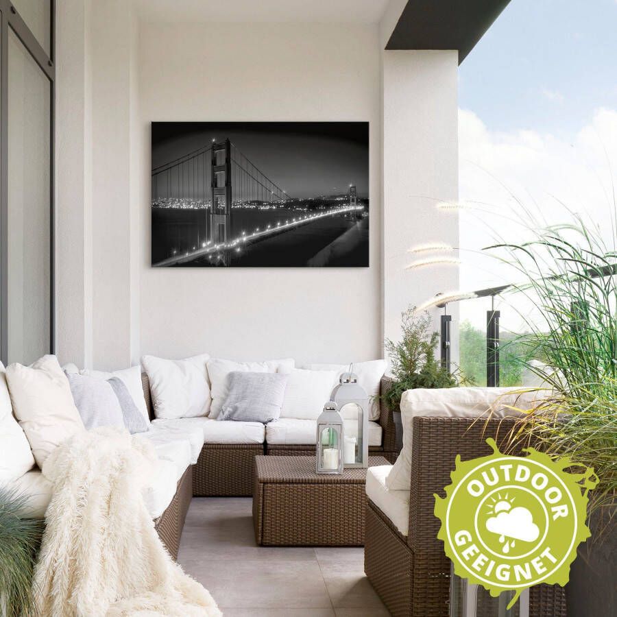 Artland Artprint Goudgeel bord met karaf Golden Gate Bridge s avonds als artprint van aluminium artprint voor buiten muursticker in diverse maten