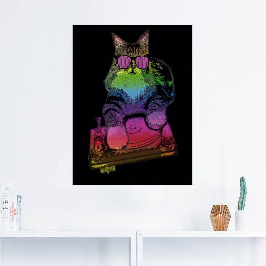 Artland Artprint Grappige dj kat party muziek als artprint van aluminium artprint op linnen muursticker of poster in verschillende maten