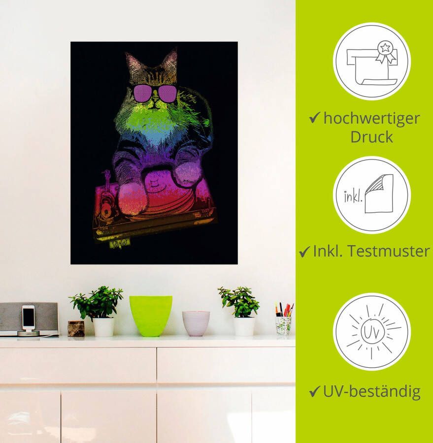 Artland Artprint Grappige dj kat party muziek als artprint van aluminium artprint op linnen muursticker of poster in verschillende maten