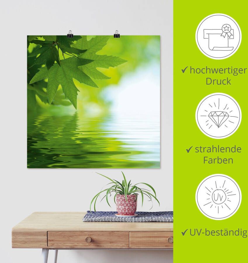 Artland Artprint Groene blaadjes reflecteren in het water als artprint op linnen poster muursticker in verschillende maten