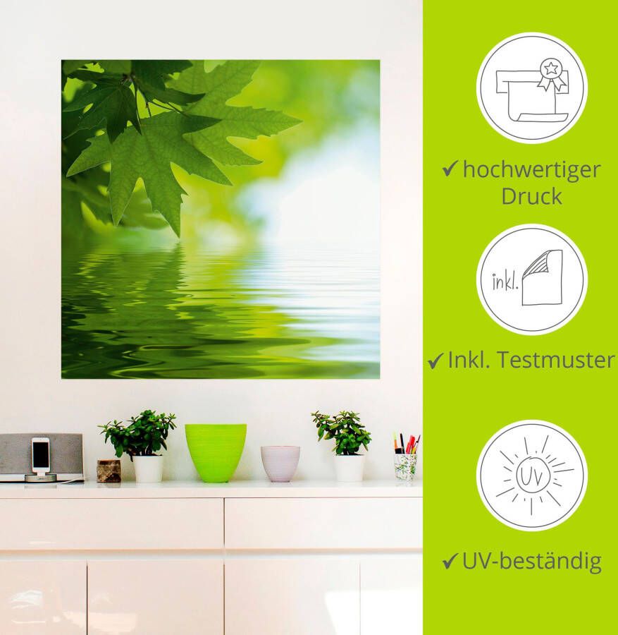 Artland Artprint Groene blaadjes reflecteren in het water als artprint op linnen poster muursticker in verschillende maten