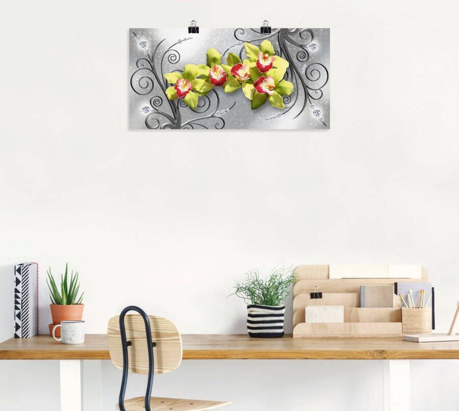 Artland Artprint Groene orchideeën op ornamenten als artprint van aluminium artprint voor buiten artprint op linnen poster muursticker