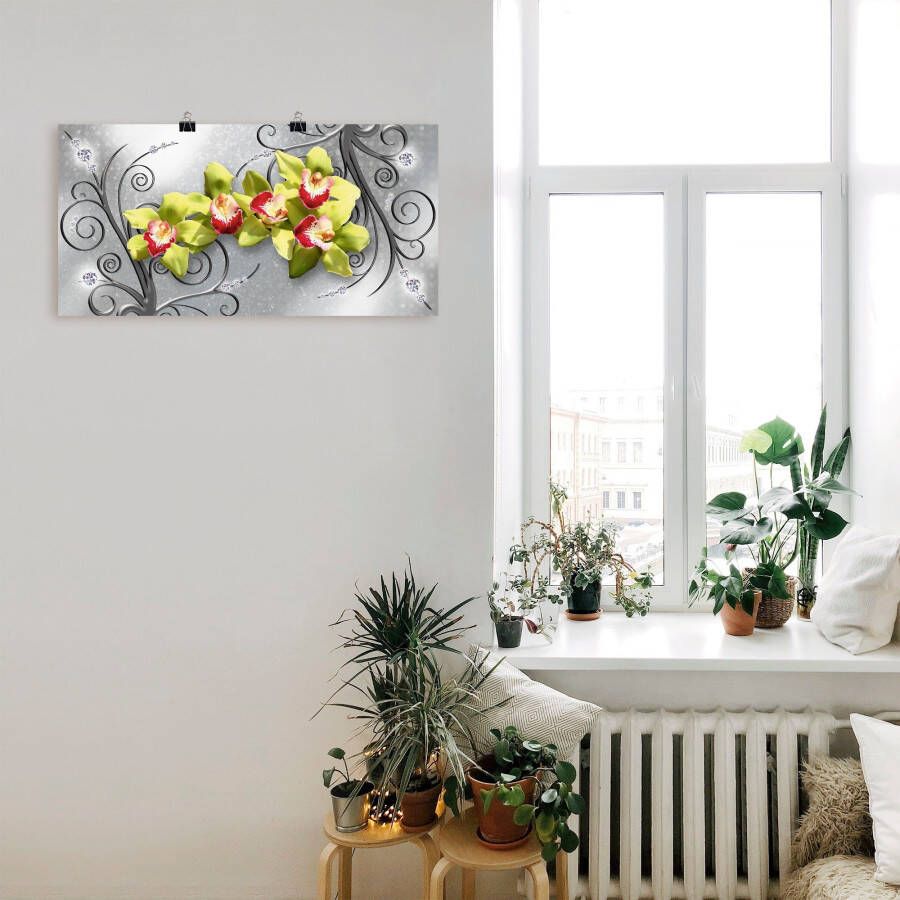 Artland Artprint Groene orchideeën op ornamenten als artprint van aluminium artprint voor buiten artprint op linnen poster muursticker