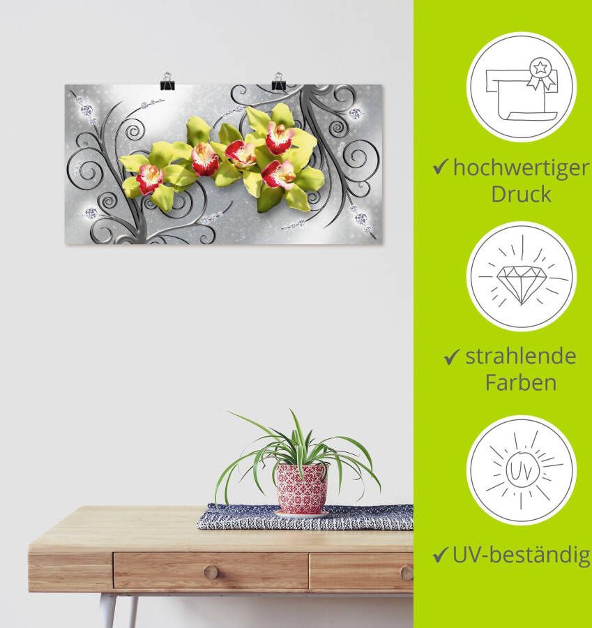 Artland Artprint Groene orchideeën op ornamenten als artprint van aluminium artprint voor buiten artprint op linnen poster muursticker