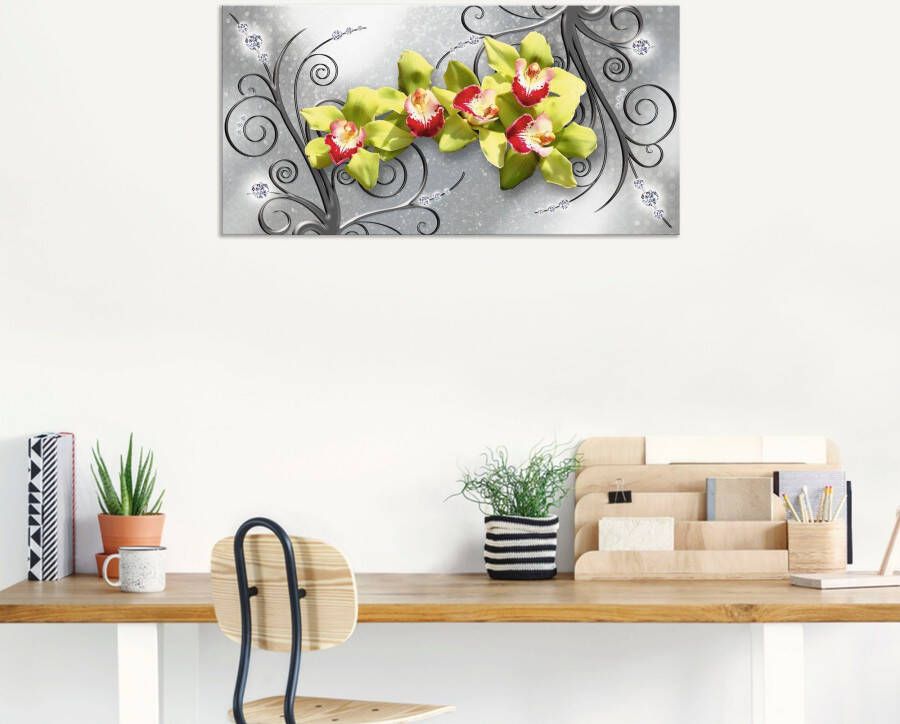 Artland Artprint Groene orchideeën op ornamenten als artprint van aluminium artprint voor buiten artprint op linnen poster muursticker