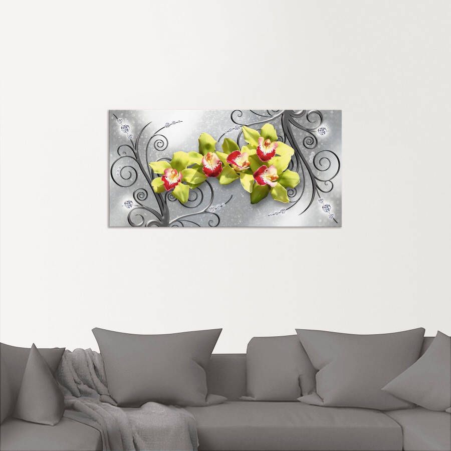 Artland Artprint Groene orchideeën op ornamenten als artprint van aluminium artprint voor buiten artprint op linnen poster muursticker