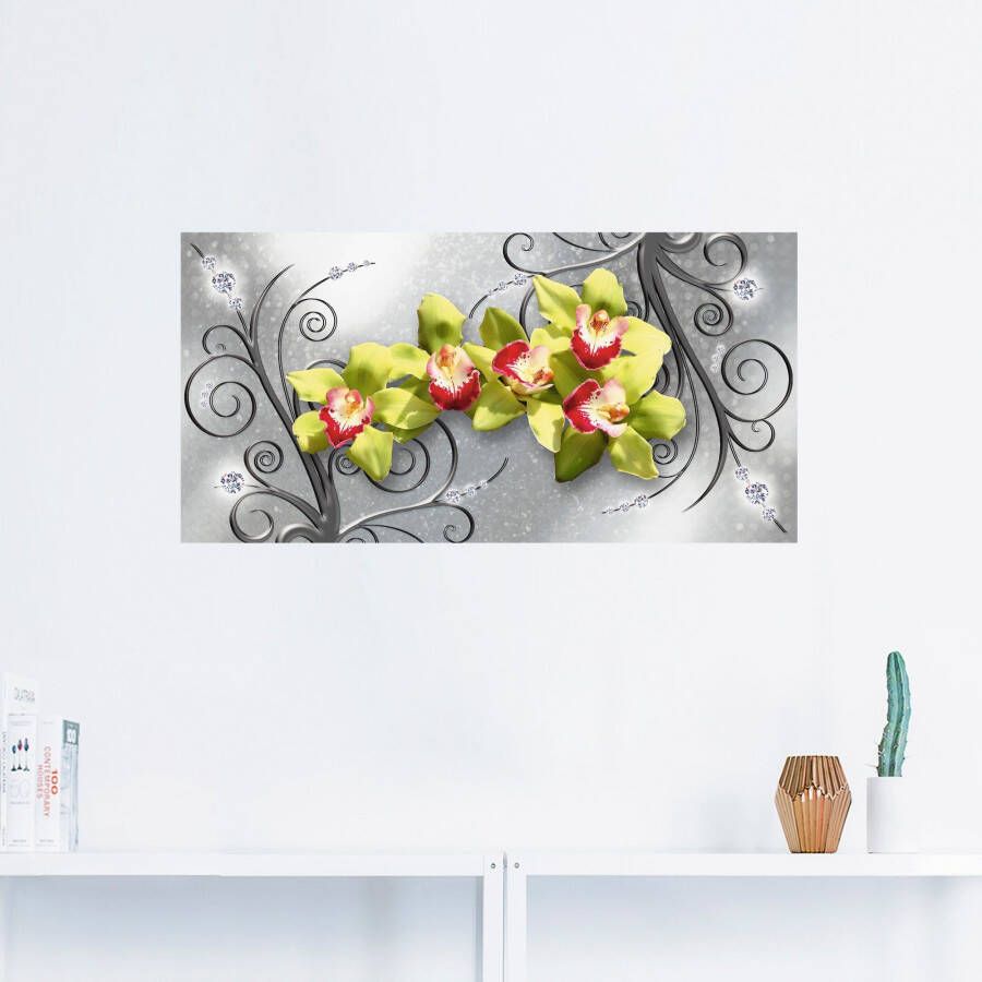 Artland Artprint Groene orchideeën op ornamenten als artprint van aluminium artprint voor buiten artprint op linnen poster muursticker