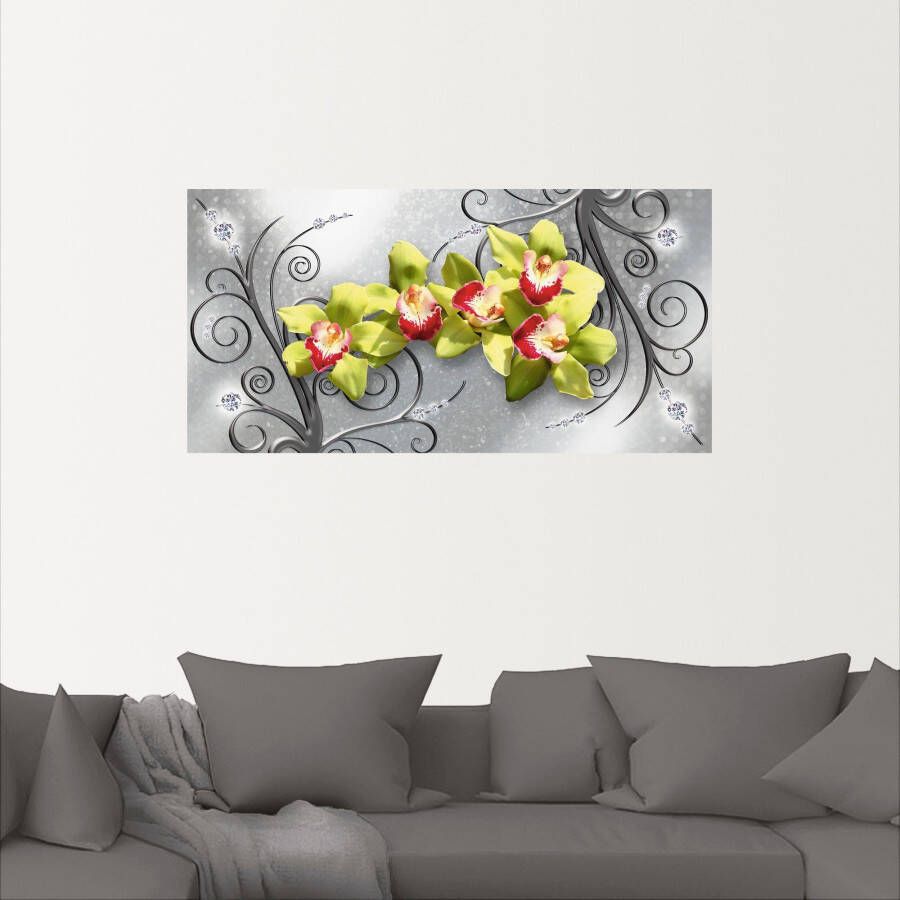 Artland Artprint Groene orchideeën op ornamenten als artprint van aluminium artprint voor buiten artprint op linnen poster muursticker