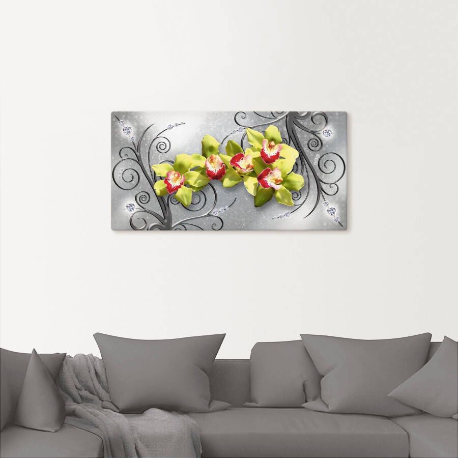 Artland Artprint Groene orchideeën op ornamenten als artprint van aluminium artprint voor buiten artprint op linnen poster muursticker